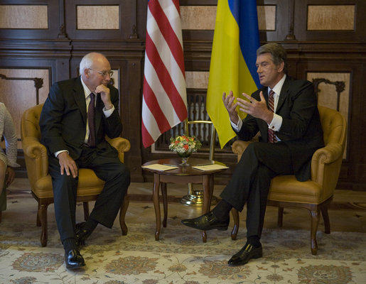 Vice President Dick Cheney meets with President of Ukraine Viktor Yushchenko Friday, Sept. 5, 2008 at the House of Chimeras in Kyiv. On the second day of his visit to Kyiv, the Vice President met with Ukrainian officials to discuss security issues and show U.S. support for the young republic in light of recent Russian aggression in nearby Georgia. White House photo by David Bohrer