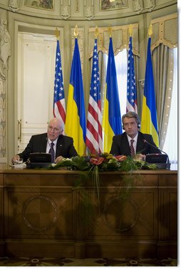  Vice President Dick Cheney delivers a statement to the press with President of Ukraine Viktor Yushchenko following their meeting Friday, Sept. 5, 2008 in Kiev. "We have seen the deep courage of Ukrainians in everything they have struggled to accomplish in recent years to consolidate the gains of democracy," said the Vice President. "The work has not been easy. On this journey I am proud to reaffirm America's deep commitment to this remarkable, rising democratic nation that has won the respect of the entire free world." White House photo by David Bohrer