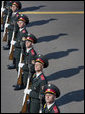 A Ukrainian honor guard stands at attention Friday, Sept. 5, 2008, upon Vice President Dick Cheney's departure from Boryspil International Airport in Kyiv. The next stop on the Vice President's international trip is Italy, where he will address the Ambrosetti Forum and meet with Italian officials. White House photo by David Bohrer