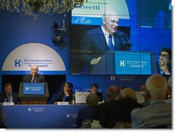 Vice President Dick Cheney addresses the Ambrosetti Conference Saturday, Sept. 6, 2008 at Lago di Como, Italy. In his remarks the Vice President condemned the recent Russian aggression in the Caucasus region and challenged Moscow's forceful manipulation of energy resources in Central Asia.  White House photo by David Bohrer