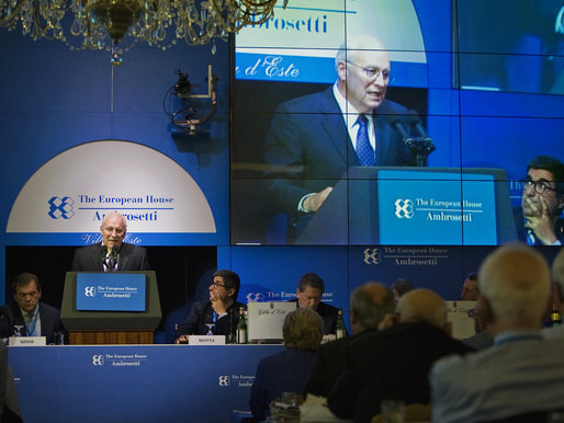 Vice President Dick Cheney addresses the Ambrosetti Conference Saturday, Sept. 6, 2008 at Lago di Como, Italy. In his remarks the Vice President condemned the recent Russian aggression in the Caucasus region and challenged Moscow's forceful manipulation of energy resources in Central Asia. White House photo by David Bohrer