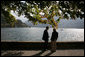 Vice President Dick Cheney speaks with an advisor Saturday, Sept. 6, 2008, between meetings at the Ambrosetti Forum on the shoreline of Lago di Como in Cernobbio, Italy. Following his visit to Lago di Como, the Vice President will travel to Rome to meet with Italian officials on the final leg of an international trip to Europe and Central Asia. White House photo by David Bohrer