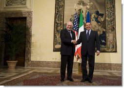 Vice President Dick Cheney and Prime Minister of Italy Silvio Berlusconi stand together Tuesday, Sept. 9, 2008 before their meeting at the Piazza Colonna in Rome. Said the Vice President after their meeting, "This great nation is a fine ally of the United States, and millions of Americans are proud to claim Italian heritage. When we think of Italy, we think of your wonderful people, your rich history and culture of the beautiful land you call home."  White House photo by David Bohrer