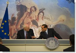 Vice President Dick Cheney and Prime Minister of Italy Silvio Berlusconi hold a news conference Tuesday, Sept. 9, 2008 following their meetings at the Piazza Colonna in Rome. Said the Vice President, "In addition to our excellent cooperation on key global security issues, our governments are working closely with Italians to enhance the economic relationship between our two countries. We have much on our common agenda. There is a great deal more we can and will do to add to the prosperity of our nations, to strengthen our common security, and to bring greater peace to the world."  White House photo by David Bohrer