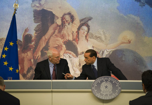 Vice President Dick Cheney and Prime Minister of Italy Silvio Berlusconi hold a news conference Tuesday, Sept. 9, 2008 following their meetings at the Piazza Colonna in Rome. Said the Vice President, "In addition to our excellent cooperation on key global security issues, our governments are working closely with Italians to enhance the economic relationship between our two countries. We have much on our common agenda. There is a great deal more we can and will do to add to the prosperity of our nations, to strengthen our common security, and to bring greater peace to the world." White House photo by David Bohrer