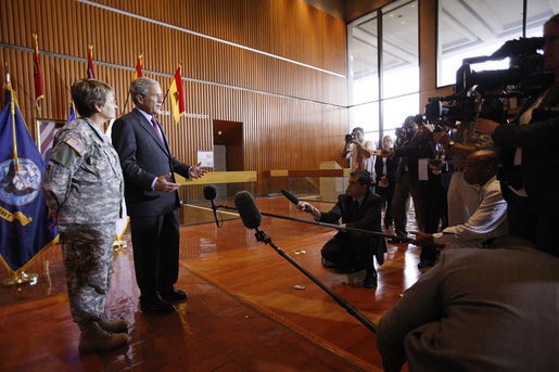 President George W. Bush is joined by Major General Carla Hawley-Bowland, Commanding General of the North Atlantic Regional Medical Command and the Walter Reed Army Medical Center, during his address to reporters Tuesday, Sept. 9, 2008, following his visit with wounded military personnel at Walter Reed Army Medical Center in Washington, D.C. White House photo by Eric Draper