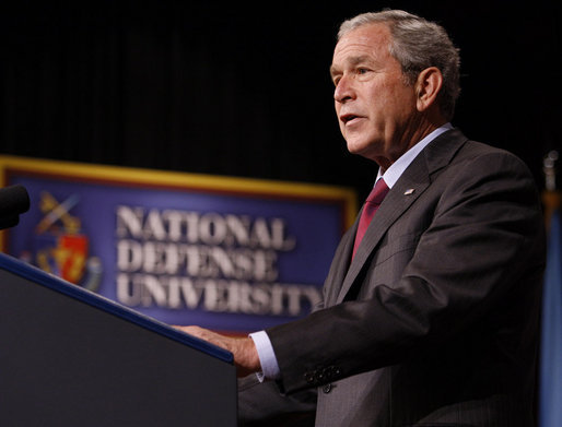 President George W. Bush delivers remarks Tuesday, Sept. 9, 2008, to the National Defense University's Distinguished Lecture Program. Said the President, "On this campus you're helping train the next generation of military and civilian leaders who will defend our nation against the real and true threats of the 21st century. I thank you for your patriotism; I thank you for your hard work; and I thank you for your devotion to protecting the American people." White House photo by Eric Draper