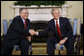 President George W. Bush welcomes Iraqi President Jalal Talabani to the Oval Office, Wednesday, Sept. 10, 2008, where the two leaders heralded the improved security situation and quality of life for the citizens of Iraq. White House photo by Eric Draper