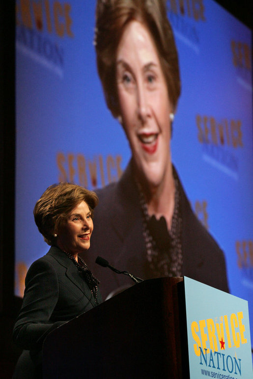 Mrs. Laura Bush speaks to the ServiceNation Summit at the Hilton New York Hotel Grand Ballroom in New York City on Sept. 12, 2008. Mrs. Bush cited President Bush's challenge to service and added that "Americans today have more opportunities to volunteer through government-supported national service programs." White House photo by Joyce N. Boghosian