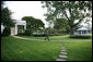 President George W. Bush walks from the Oval Office to make a statement to the press concerning Hurricane Ike Saturday, Sept. 13, 2008, after a video teleconference briefing in the Situation Room with officials from the National Hurricane Center, the Department of Homeland Security and FEMA. White House photo by Chris Greenberg