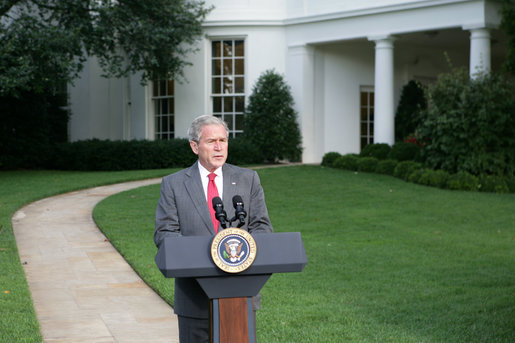 President George W. Bush makes a statement to the press concerning Hurricane Ike Saturday, Sept. 13, 2008, after a video teleconference briefing in the Situation Room with officials from the National Hurricane Center, the Department of Homeland Security and FEMA. White House photo by Chris Greenberg