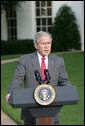 President George W. Bush makes a statement to the press concerning Hurricane Ike Saturday, Sept. 13, 2008, after a video teleconference briefing in the Situation Room with officials from the National Hurricane Center, the Department of Homeland Security and FEMA. White House photo by Chris Greenberg