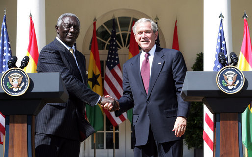 President George W. Bush shakes hands with President John Agyekum Kufuor of Ghana following a joint statement Monday, Sept. 15, 2008, in the Rose Garden of the White House. White House photo by Chris Greenberg