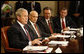 With Secretary Michael Chertoff of the Department of Homeland Security beside him, President George W. Bush speaks to the media in the Roosevelt Room Monday, Sept. 15, 2008, during an update on Hurricane Ike response and relief efforts. White House photo by Eric Draper