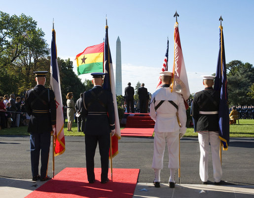 President George W. Bush delivers welcoming remarks to President John Agyekum Kufuor of Ghana, left, during a South Lawn Arrival Ceremony Monday, Sept. 15, 2008, on the South Lawn of the White House. White House photo by David Bohrer