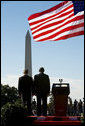 President George W. Bush welcomes President John Agyekum Kufuor of Ghana during a South Lawn Arrival Ceremony Monday, Sept. 15, 2008, on the South Lawn of the White House. White House photo by David Bohrer