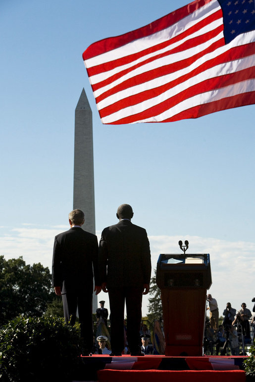 President George W. Bush welcomes President John Agyekum Kufuor of Ghana during a South Lawn Arrival Ceremony Monday, Sept. 15, 2008, on the South Lawn of the White House. White House photo by David Bohrer