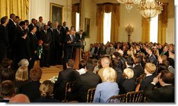 President George W. Bush congratulates members of the 2008 NBA Championship Boston Celtics Friday, Sept. 19, 2008 at the White House. In addition to their accomplishments on the court, the Celtics were also acknowledged for their donation of over $100,000 to the American Red Cross for those affected by Hurricane Ike. White House photo by Joyce N. Boghosian