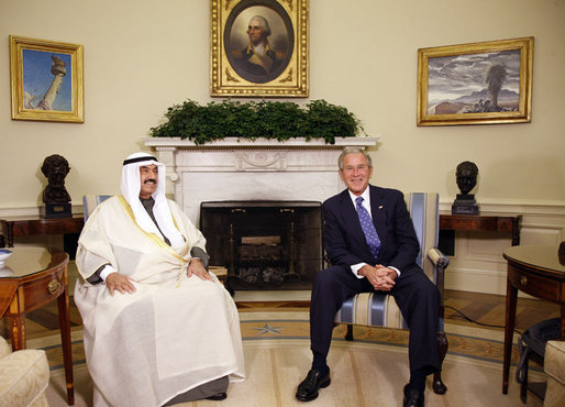 President George W. Bush meets with Kuwait's Prime Minister Sheik Nasser Al-Mohammed Al-Ahmed Al-Jaber Al-Sabah, Friday, Sept. 19, 2008, in the Oval Office of the White House. White House photo by Eric Draper