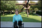 Mrs. Laura Bush addresses the media in the garden of the Nasher Sculpture Center at the conclusion of her tour of the new exhibit, Friday, Sept.19, 2008, in Dallas. Mrs. Bush said that the exhibit, which opened a few hours later, is in many ways about the relationships that Ray and Patsy Nasher had with the greatest artists of their generation - Picasso, Rodin, Oldenburg, Matisse and many others. The works had been in the Nasher home and are now at the center for enjoyment by the public. White House photo by Chris Greenberg