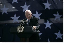 Vice President Dick Cheney speaks to a crowd of over three thousand during the commemoration of 145th anniversary of the Battle of Chickamauga at McLemore's Cove, Georgia. The 1863 battle claimed more than 30,000 lives between the Union and Confederate armies.Cheney's great-grandfather Samuel Fletcher Cheney fought in the 1863 Civil War battle as part of the 21st Ohio Volunteer Infantry. White House photo by David Bohrer