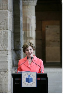 Mrs. Laura Bush opens the luncheon following the White House Symposium on Global Literacy: Building a Foundation for Freedom at the Metropolitan Museum of Art's Temple of Dendur in New York City. Mrs. Bush noted that in the morning session the group learned the outcomes of UNESCO's six regional literacy conferences from around the world. White House photo by Chris Greenberg