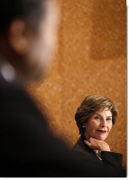 Mrs. Laura Bush participates in a drop-by meeting on food security Tuesday, Sept. 23, 2008, in New York. White House photo by Eric Draper