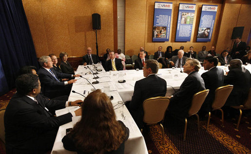 President George W. Bush and Mrs. Laura Bush participate in a drop by meeting on food security Tuesday, Sept. 23, 2008, in New York. "The United States has made a very strong and powerful commitment to help those who need food," President Bush said following his participation in the meeting. White House photo by Eric Draper