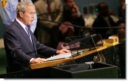 President George W. Bush delivers remarks to the United Nations General Assembly Tuesday, Sept. 23, 2008, in New York. In his eighth and final speech before the assembly, the President highlighted how the United States has partnered closely with other nations to address global challenges an urged the U.N. and other multilateral organizations to continue to actively confront terror.  White House photo by Chris Greenberg