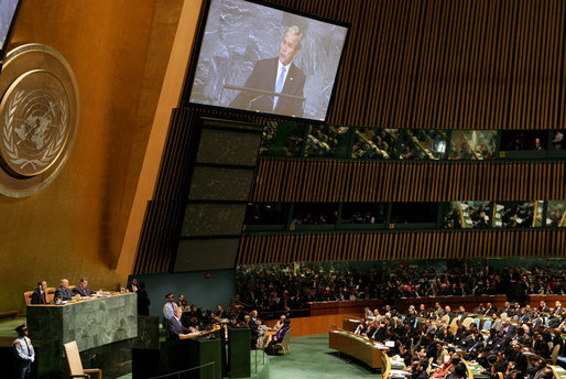 President George W. Bush speaks before the United Nations General Assembly Tuesday, Sept. 23, 2008, in New York City. The President told his audience, "Advancing the vision of freedom serves our highest ideals, as expressed in the U.N.'s Charter's commitment to "the dignity and worth of the human person." Advancing this vision also serves our security interests. History shows that when citizens have a voice in choosing their own leaders, they are less likely to search for meaning in radical ideologies. And when governments respect the rights of their people, they're more likely to respect the rights of their neighbors." White House photo by Chris Greenberg