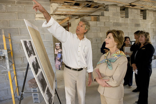 Mrs. Laura Bush views the restoration of the original home of Alexander Hamilton with Stephen Spaulding, National Park Service Chief of the Architectural Preservation Division, at what is now a part of the Hamilton Grange National Memorial in New York City, Sept. 24. The building was once the historic home of Alexander Hamilton. White House photo by Chris Greenberg