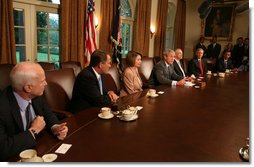 President George W. Bush speaks during a meeting with Bicameral and Bipartisan members of Congress Thursday, Sept. 25, 2008, in the Cabinet Room of the White House. Included in the meeting with the President are, from left: Sen. John McCain, R-Ariz., House Minority Leader John Boehner, R-Ohio, House Speaker Nancy Pelosi, D-Calif.; Senate Majority Leader Harry Reid, D-Nev.; Senate Minority Leader Mitch McConnell, R-Ky., and Sen. Barack Obama, D-Ill. White House photo by David Bohrer