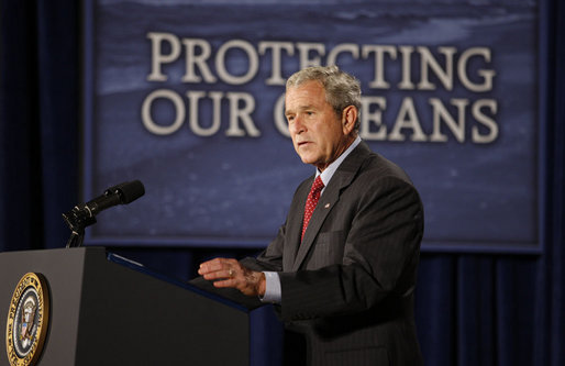 President George W. Bush delivers remarks on U.S. Ocean Action Plan Friday, Sept. 26, 2008, at the Smithsonian Museum of Natural History. The U.S. Ocean Action Plan established a coordinated ocean governance structure to enhance leadership and coordination among the Federal agencies with ocean-related responsibilities and activities. President Bush stated in his remarks, "Under the Ocean Action Plan we've worked to stop over-fishing. Last year, I issued an executive order protecting two of our nation's most popular game fish -- striped bass and red drum. I signed important legislation reauthorizing the Magnuson Stevenson Act, which sets a firm deadline to end over-fishing in America by 2011." White House photo by Eric Draper