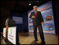 President George W. Bush smiles after delivering his remarks on U.S. Ocean Action Plan Friday, Sept. 26, 2008, at the Smithsonian Museum of Natural History. The U.S. Ocean Action Plan established a coordinated ocean governance structure to enhance leadership and coordination among the Federal agencies with ocean-related responsibilities and activities. White House photo by Eric Draper