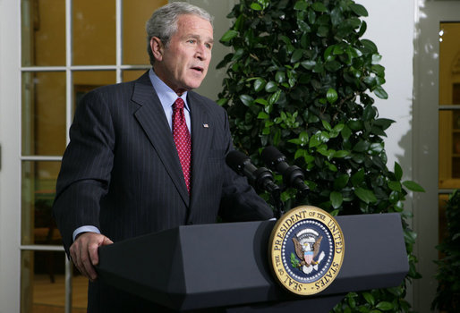 President George W. Bush delivers a statement Friday, Sept. 26, 2008, outside the Oval Office of the White House regarding the negotiations to finalize legislation on the financial rescue package. Said the President, "There are disagreements over aspects of the rescue plan, but there is no disagreement that something substantial must be done. The legislative process is sometimes not very pretty, but we are going to get a package passed. We will rise to the occasion. Republicans and Democrats will come together and pass a substantial rescue plan." White House photo by Chris Greenberg