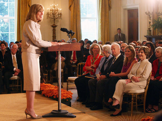 Mrs. Laura Bush and daughter Jenna Hager listen to author Jan Brett during the National Book Festival Breakfast Saturday, Sept. 27, 2008, in the East Room of the White House. White House photo by Joyce N. Boghosian