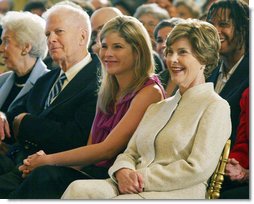 Mrs. Laura Bush and daughter Jenna Hager listen to author Jan Brett during the National Book Festival Breakfast Saturday, Sept. 27, 2008, in the East Room of the White House. White House photo by Joyce N. Boghosian