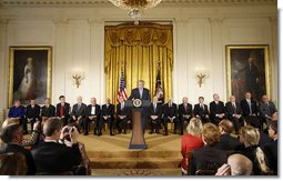 President George W. Bush delivers remarks Monday, Sept. 29, 2008, prior to the presentation of the 2007 National Medals of Science and Technology and Innovation in the East Room of the White House. Said the President, "This is a joyous day for the White House as we honor some of our nation's most gifted and visionary men and women. I congratulate you all on your achievements."  White House photo by Eric Draper