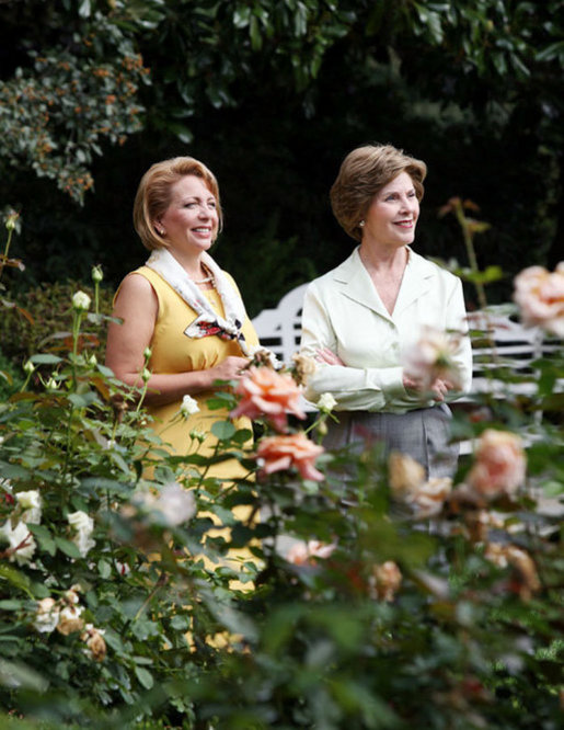 Mrs. Laura Bush talks with Mrs. Kateryna Yushchenko, wife of President Viktor Yushchenko of Ukraine, during a walk through the Rose Garden Monday, Sept. 29, 2008, at the White House. White House photo by Joyce N. Boghosian