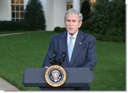 President George W. Bush delivers a statement at the White House Monday, Sept. 29, 2008, on Financial Rescue Legislation. Said the President, "This legislation deals with complex issues, and negotiators were asked to address them in a very short period of time. I appreciate the leadership of members on both sides of the aisle, who came together when our nation was counting on them. Negotiations are sometimes difficult, but their hard work and cooperation paid off."  White House photo by Chris Greenberg