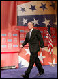 President George W. Bush is introduced on stage prior to his address Wednesday evening, Oct. 1, 2008, at the United Services Organization (USO) World Gala in Washington, D.C. White House photo by Chris Greenberg