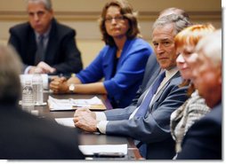 President George W. Bush delivers remarks during a meeting with representatives of American businesses on the Economic Rescue Package Thursday, Oct. 2, 2008, in the Eisenhower Executive Office Building. The President remarked, "I want to thank you all for going up and telling these members of Congress what's on your mind and how this affects your businesses at home, and how it affects the communities in which you live."  White House photo by Eric Draper