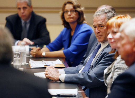 President George W. Bush delivers remarks during a meeting with representatives of American businesses on the Economic Rescue Package Thursday, Oct. 2, 2008, in the Eisenhower Executive Office Building. The President remarked, "I want to thank you all for going up and telling these members of Congress what's on your mind and how this affects your businesses at home, and how it affects the communities in which you live." White House photo by Eric Draper