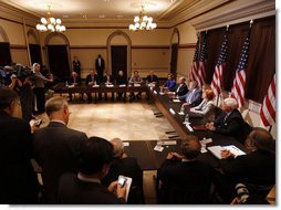 President George W. Bush delivers remarks during a meeting with representatives of American businesses on the Economic Rescue Package Thursday, Oct. 2, 2008, in the Eisenhower Executive Office Building. The President said, "I want to thank the job creators who have joined me here today to talk about the state of the economy and the need for the House of Representatives to pass the bill that passed the Senate last night with an overwhelming bipartisan majority."  White House photo by Eric Draper