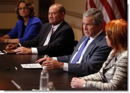 President George W. Bush gestures as he delivers his remarks during a meeting with representatives of American businesses on the Economic Rescue Package Thursday, Oct. 2, 2008, in the Eisenhower Executive Office Building.  White House photo by Eric Draper