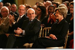 After providing remarks, Mrs. Laura Bush listens from the audience in the East Room of the White House on Oct. 7, 2008, as the 2008 National Medals for Museum and Library Service Ceremony honored five museums and five libraries who have demonstrated outstanding public service. White House photo by Chris Greenberg