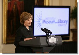 Mrs. Laura Bush offers remarks at the 2008 National Medals for Museum and Library Service Ceremony in the East Room of the White House, Oct. 7, 2008. The First Lady honored five libraries and five museums for their outstanding contributions to public service. White House photo by Chris Greenberg