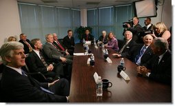 President George W. Bush meets with state and local business leaders Tuesday, Oct. 7, 2008, during his visit to the Guernsey Office Products, Inc. in Chantilly, Va., where President Bush also addressed remarks on the Emergency Economic Stabilization Act of 2008.  White House photo by Chris Greenberg