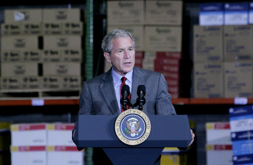 President George W. Bush addresses his remarks on the nation's economy to state and local business leaders Tuesday, Oct. 7, 2008, during his visit to the Guernsey Office Products, Inc. in Chantilly, Va. President Bush said the Emergency Economic Stabilization Act of 2008 will take time to have its full effect in improving the economy. White House photo by Chris Greenberg