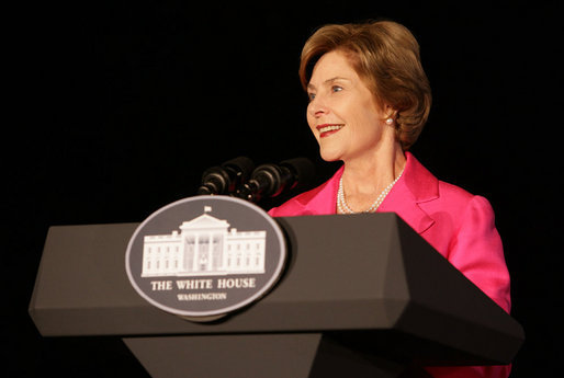 Mrs. Bush addresses a group gathered for the lighting of the White House, Oct. 7, 2008, in the color pink in honor of Breast Cancer Awareness Month. Mrs. Bush thanked the researchers, doctors, advocates and others who have worked to fight the disease that is the leading cause of death in women. Mrs. Bush has worked to make the fight on cancer and cancer prevention a global effort. White House photo by Chris Greenberg